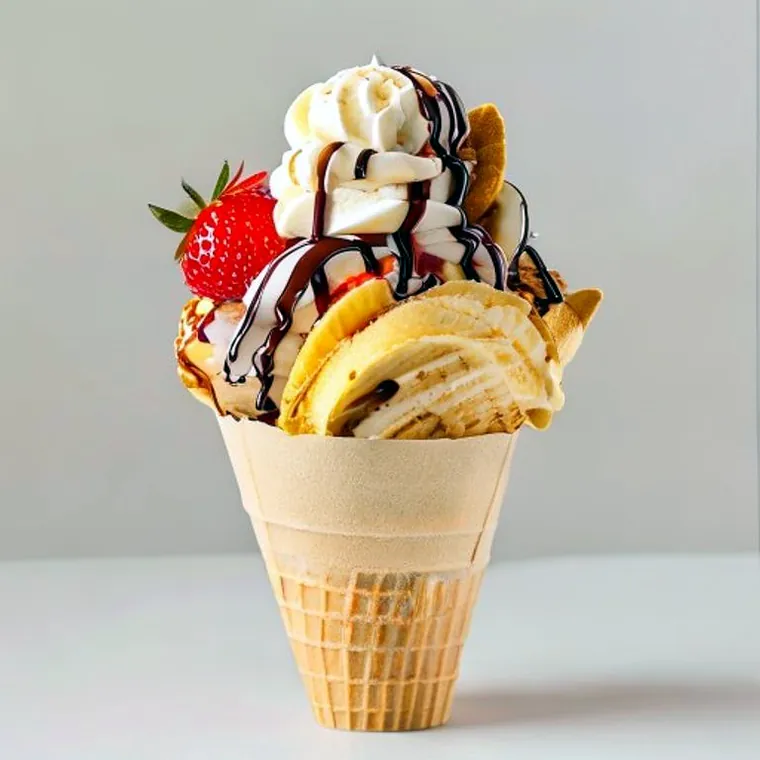 A golden bubble waffle cone with soft serve, strawberries, banana and chocolate drizzle.