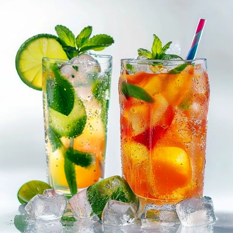 Two tall iced cooler drinks with mint, lime and plenty of ice.