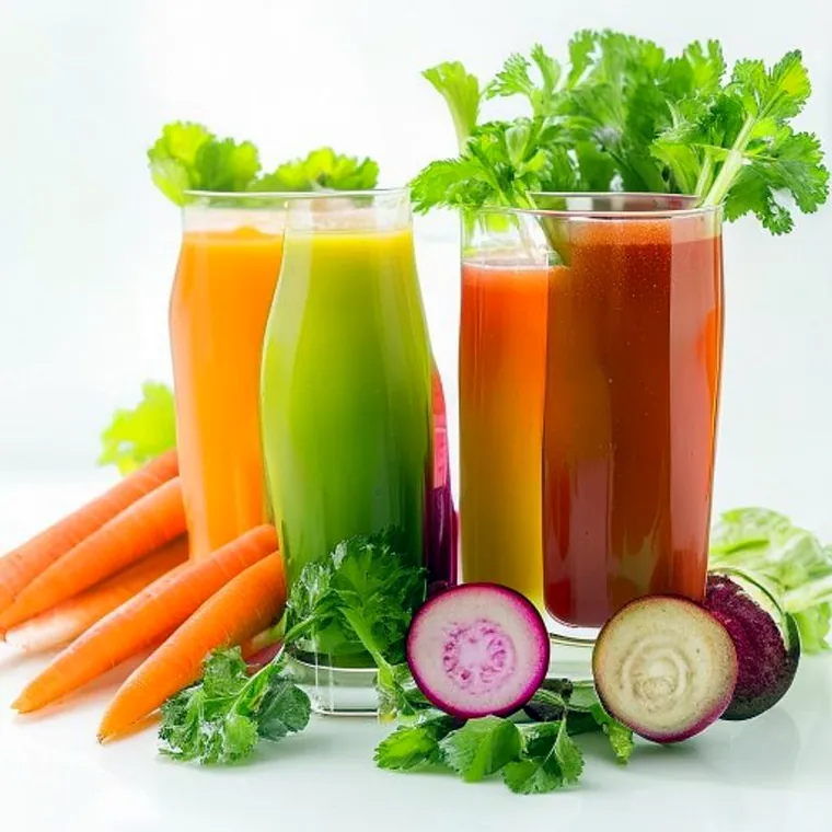 Fresh vegetable juices in glasses with carrots, beetroot and greens.