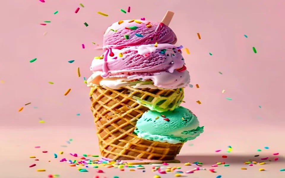 A waffle cone with colourful stacked scoops of ice cream and sprinkles.