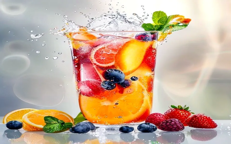 A tall glass of fresh pressed fruit juice with orange slices and berries.