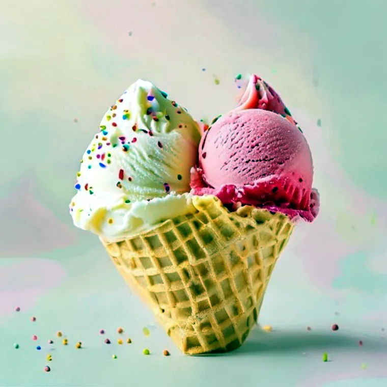 Colourful scoops of ice cream in a golden waffle cone with sprinkles.