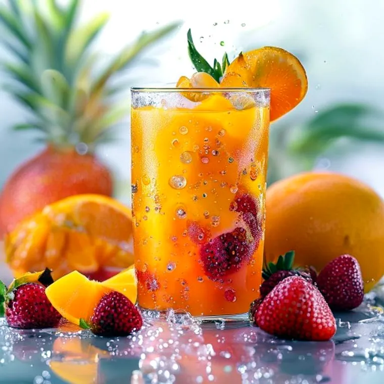 A glass of vibrant fresh fruit juice with oranges, mango and strawberries.