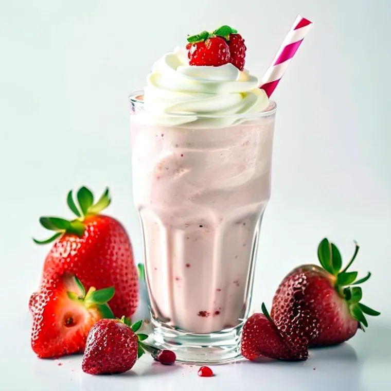 A creamy strawberry milkshake topped with whipped cream beside fresh berries.